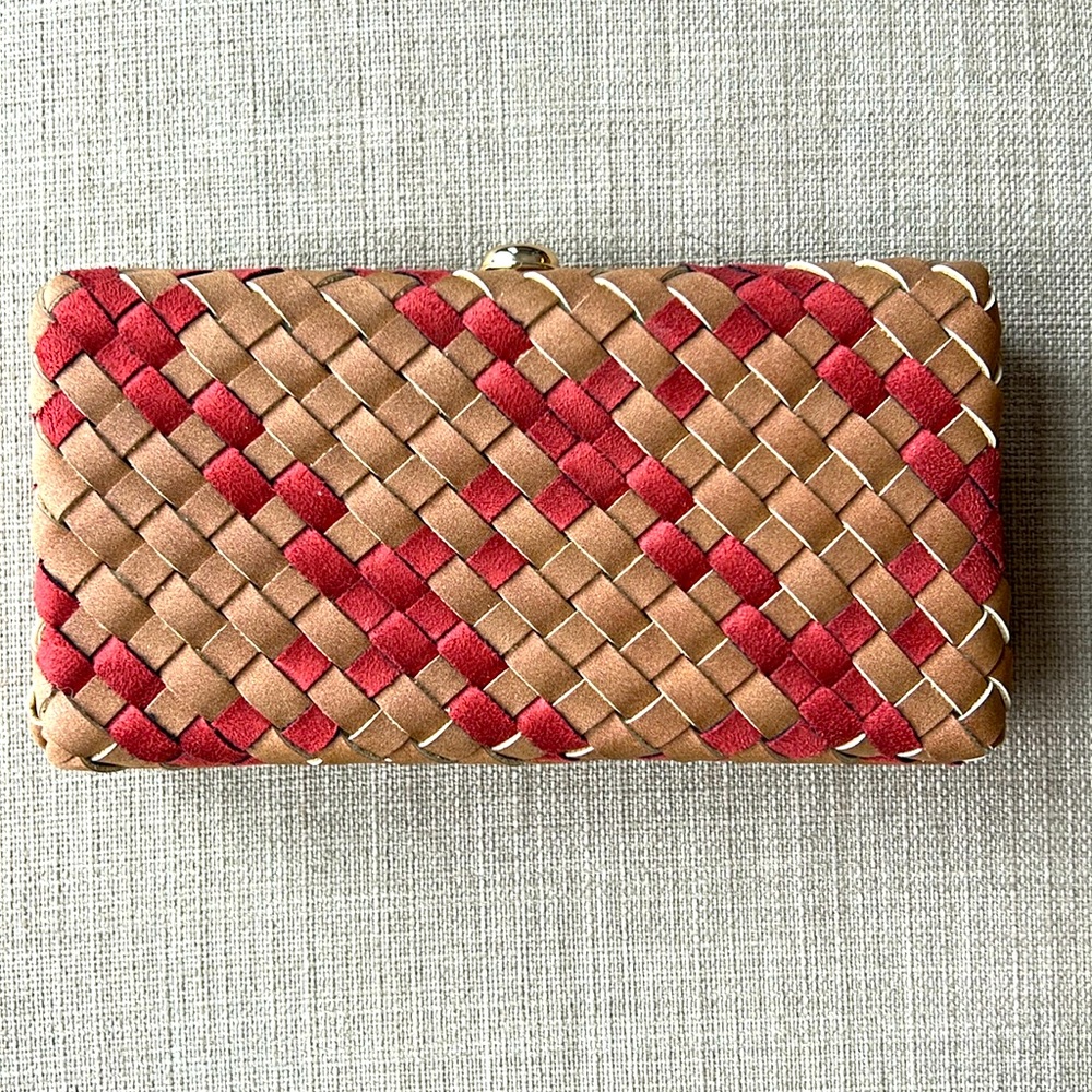 Women’s suede multi color woven purse with removable crossbody gold chain